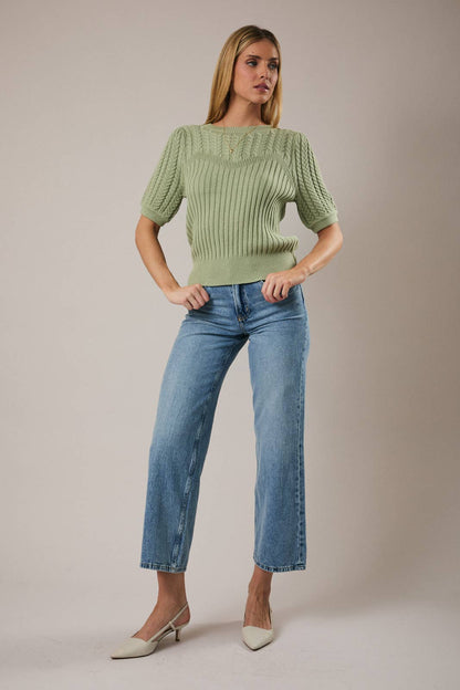 ROUND NECK PUFF SHORT SLEEVE CABLE SWEATER