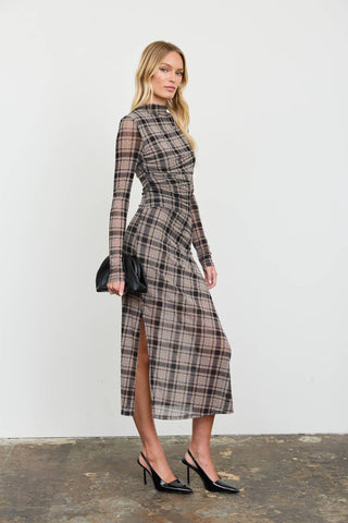 PLAID MESH MIDI DRESS