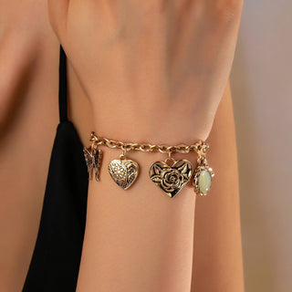 Gold Charm Bracelet with Hearts & Flowers