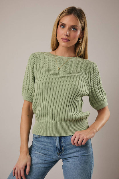 ROUND NECK PUFF SHORT SLEEVE CABLE SWEATER