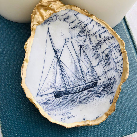 Decoupage Oyster Ring Dish--White Sailboat Print