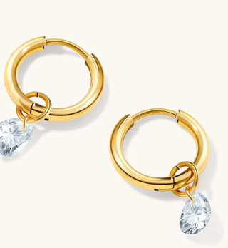 Huggie Hoop- Crystal Drop Charm Hoop Earrings Steel 14K 