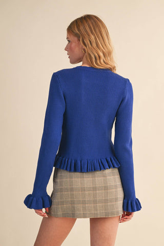 RUFFLE HEM RIBBED KNIT SWEATER CARDIGAN