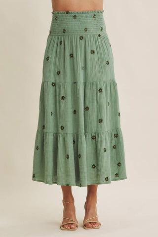 Sunset Field Embroidered Midi Skirt