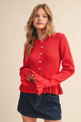 RUFFLE HEM RIBBED KNIT SWEATER CARDIGAN