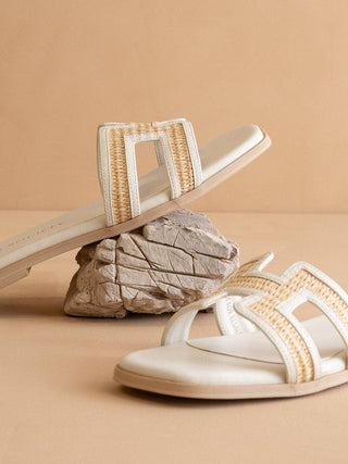 The Ena | White H Cutout Raffia Slide