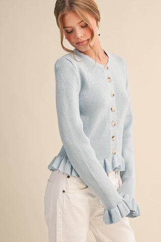 RUFFLE HEM RIBBED KNIT SWEATER CARDIGAN