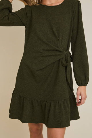 ROUND NECK LONG SLEEVE SIDE TIE DRESS