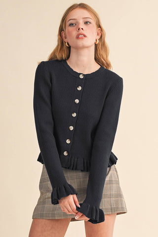 RUFFLE HEM RIBBED KNIT SWEATER CARDIGAN