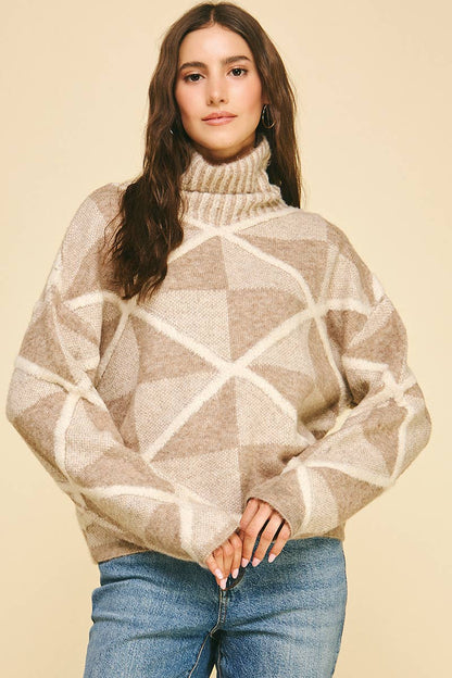DIAMOND PATTERN TURTLE NECK SWEATER - 6354WS