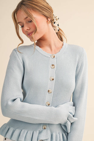 RUFFLE HEM RIBBED KNIT SWEATER CARDIGAN