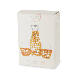 Island Carafe & Stemless Glassware w/Seagrass Wrap -Set of 3