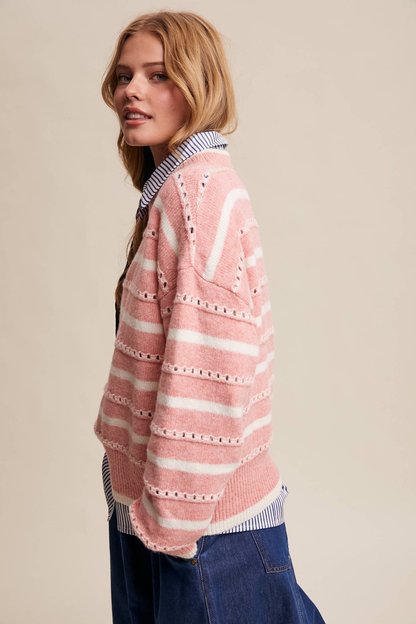 Striped Open-Stitch Pullover Sweater LSW1015