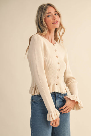 RUFFLE HEM RIBBED KNIT SWEATER CARDIGAN