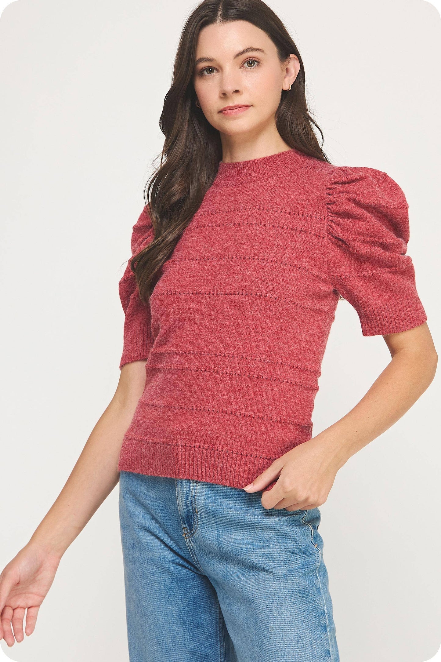 Mock Neck Puff Sleeve Pointelle Knit Sweater Top