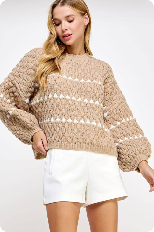 Textured Dolman Contrast Intarsia Sweater