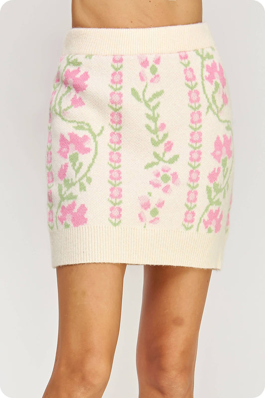 Floral Intarsia Sweater Mini Skirt