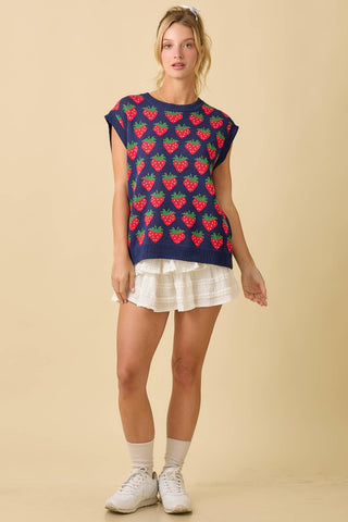 Strawberry Oversized Sleeveless Sweater Knit Top