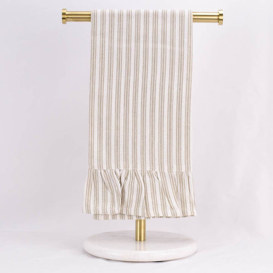 Ticking Stripe Ruffle Hand Towel   Taupe/White   20x28