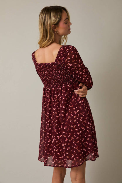 V-NECK LONG SLEEVE BACK SMOCKING FLORAL MINI DRESS