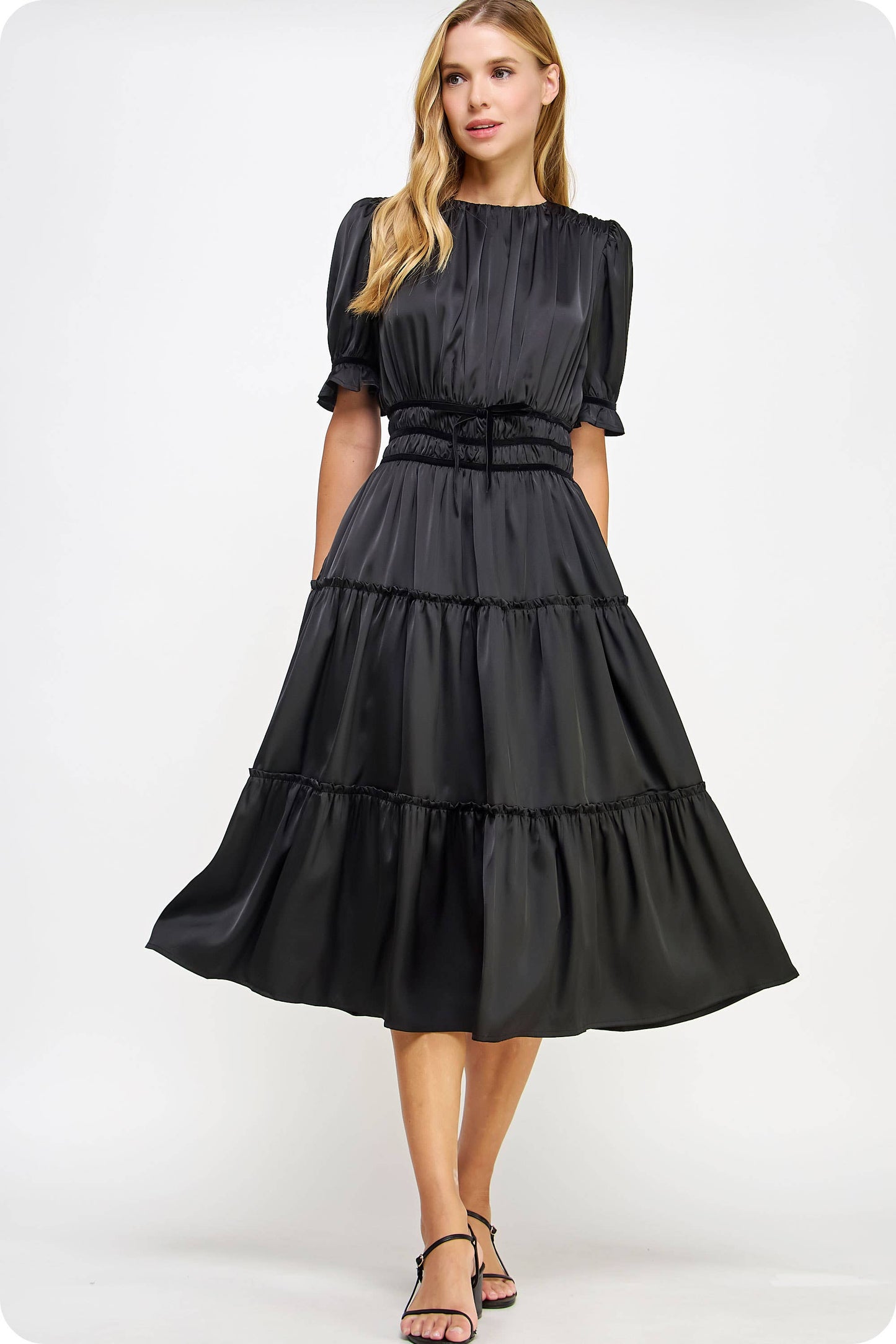 Velvet Trim Ruched Satin Midi Dress