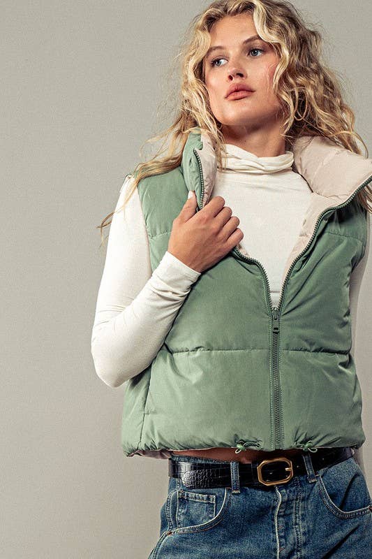 Cozy N Cute Reversible Stand Collar Cropped Puffer Vest