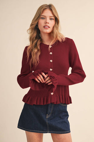 RUFFLE HEM RIBBED KNIT SWEATER CARDIGAN