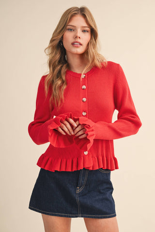 RUFFLE HEM RIBBED KNIT SWEATER CARDIGAN