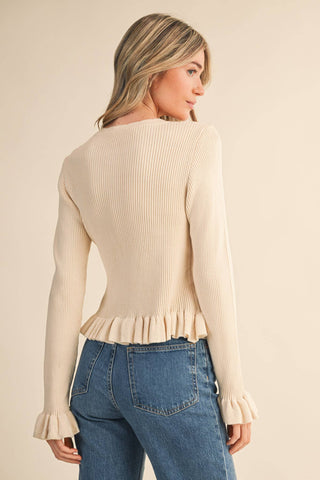 RUFFLE HEM RIBBED KNIT SWEATER CARDIGAN