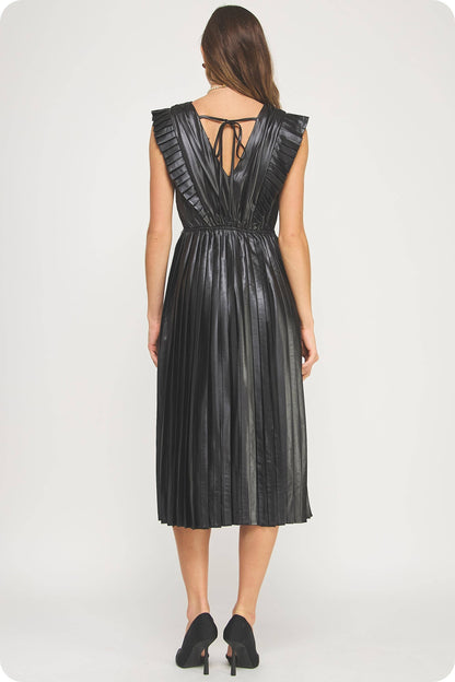 Lady in Luxe Sleeveless Pleated Satin Midi Dress