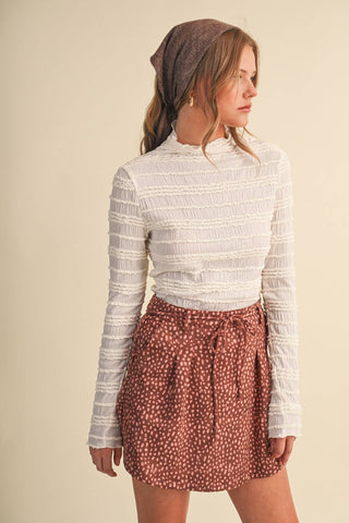 SHIRRED LONG SLEEVE MOCK NECK TOP