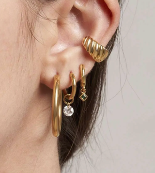 Huggie Hoop- Crystal Drop Charm Hoop Earrings Steel 14K 
