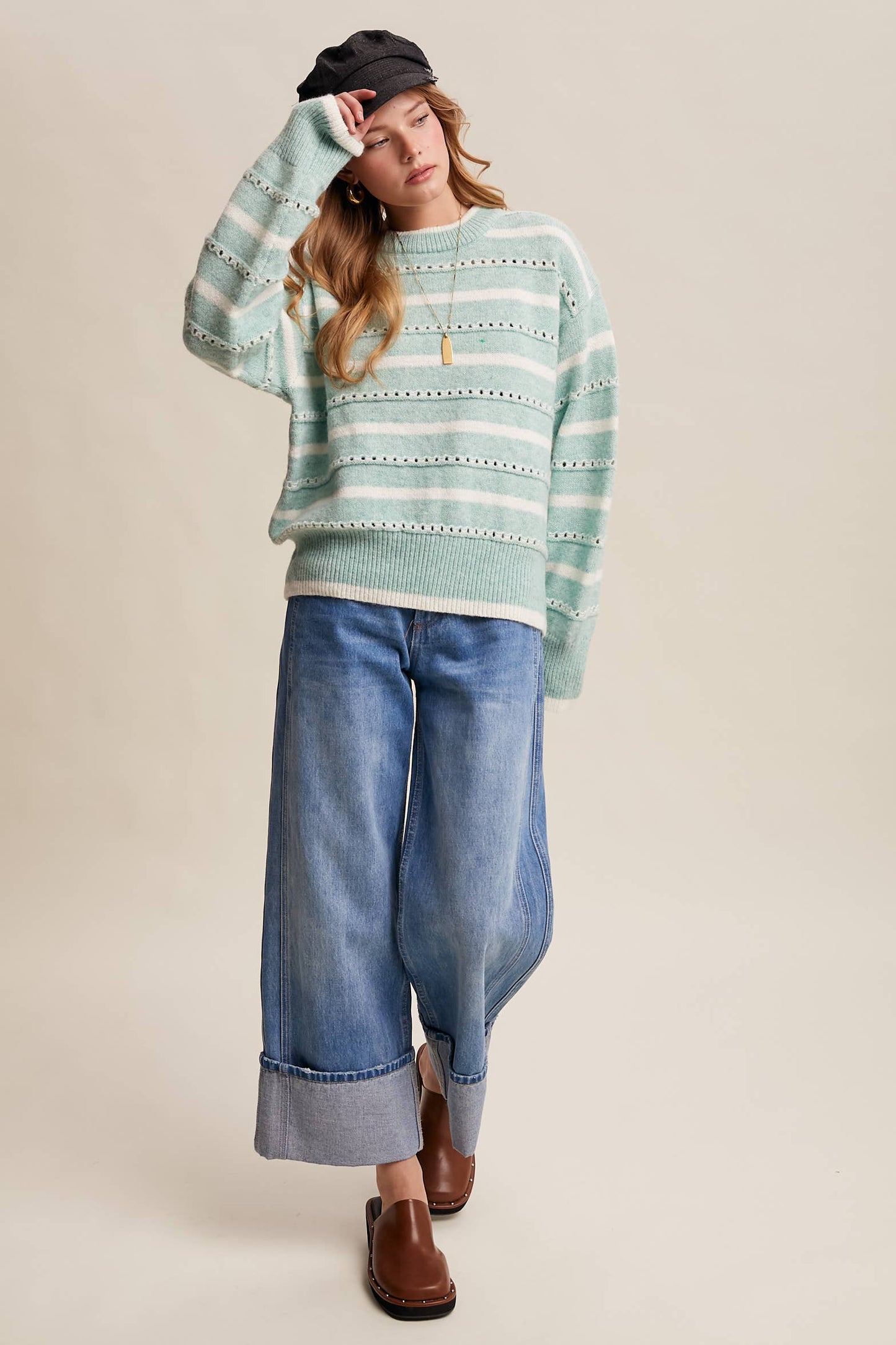 Striped Open-Stitch Pullover Sweater LSW1015