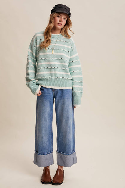 Striped Open-Stitch Pullover Sweater LSW1015