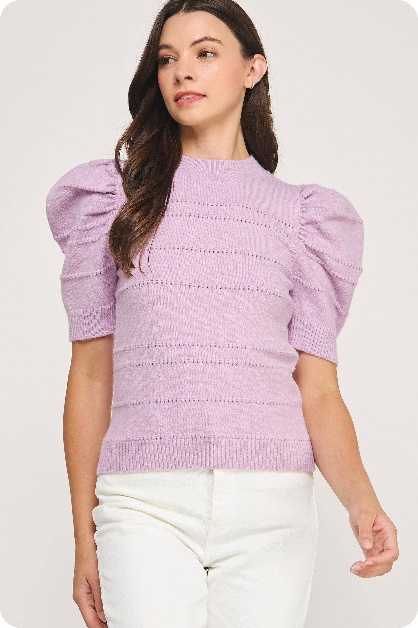 Mock Neck Puff Sleeve Pointelle Knit Sweater Top
