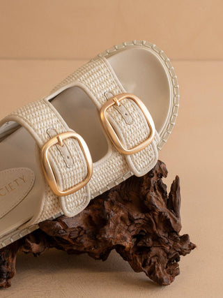 The Daytona Two-Tone Raffia Gold Buckle Sandal