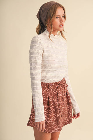 SHIRRED LONG SLEEVE MOCK NECK TOP