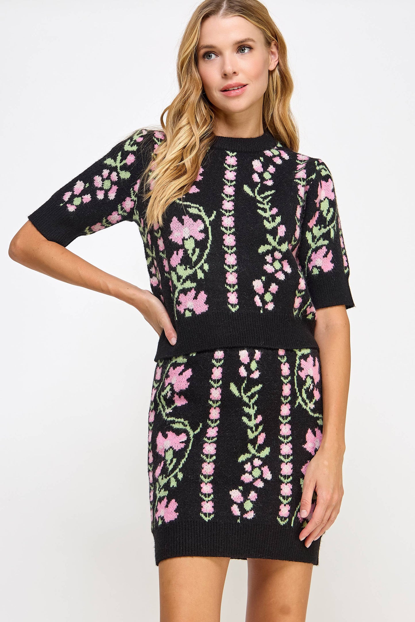 Floral Intarsia Sweater Mini Skirt