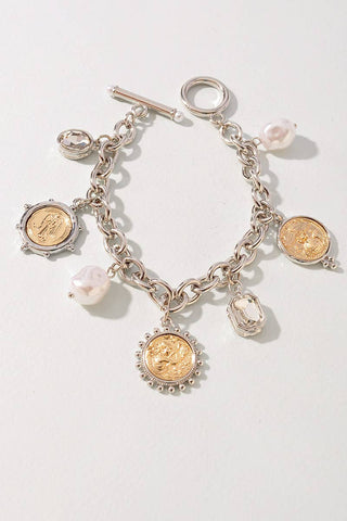 TWO TONE COIN PEARL BEAD CRYSTAL TOGGLE CLASP BRACELET
