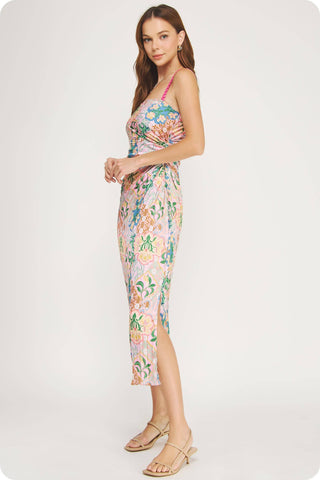 Summer in the Garden Pleated Satin Midi Dress