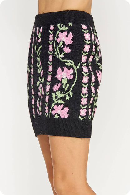 Floral Intarsia Sweater Mini Skirt