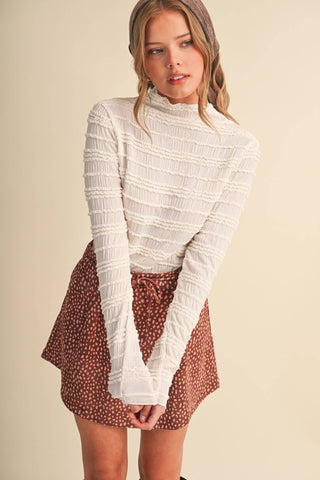 SHIRRED LONG SLEEVE MOCK NECK TOP