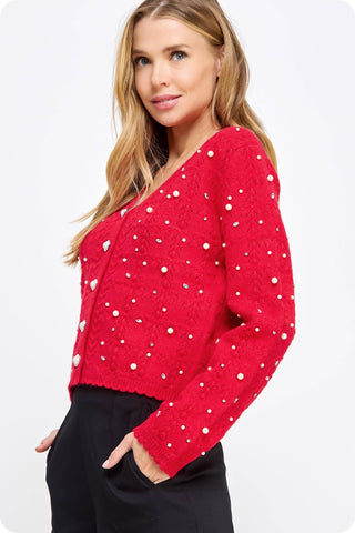 Pretty in Pearls Rhinestone Studded Knit Cardigan
