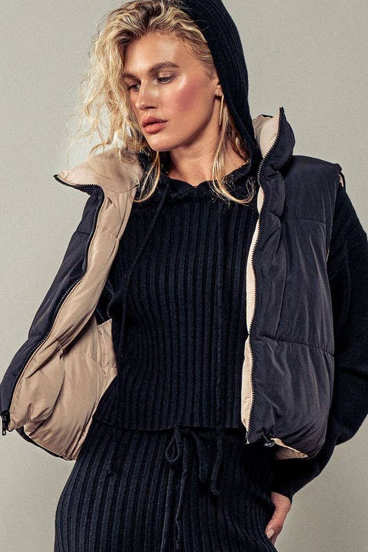 Cozy N Cute Reversible Stand Collar Cropped Puffer Vest