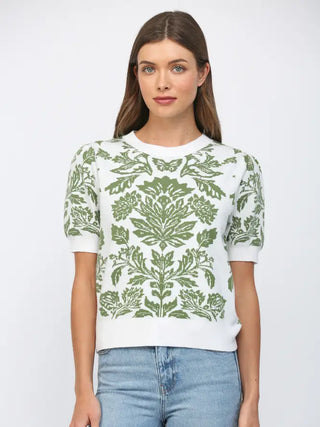 Green Floral Short Sleeve Sweater