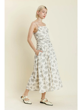 Shirred Floral Midi Dress